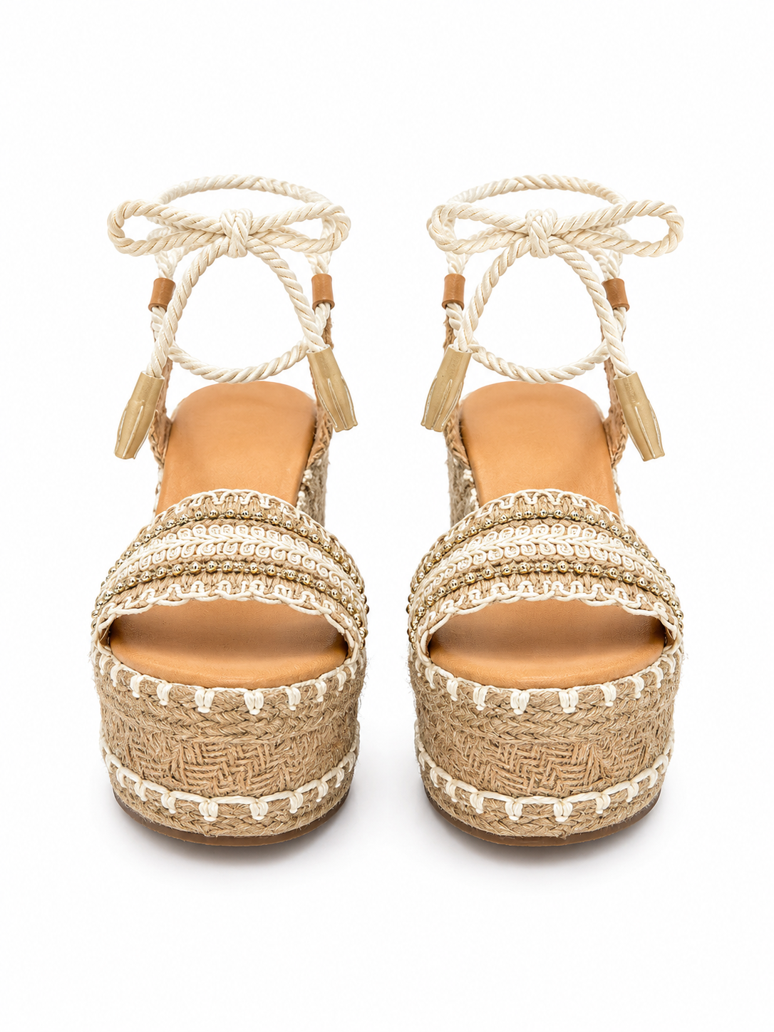 Alpargata Mujer Plataforma Alta Beige Yute Con Cintas 5-Y501