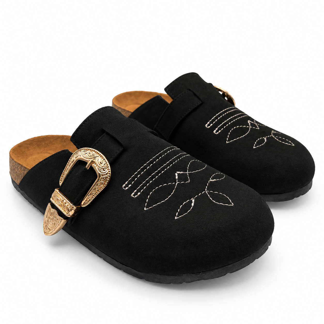Clog Zueco Gamuza Mujer Negro Estilo Western 42-1531