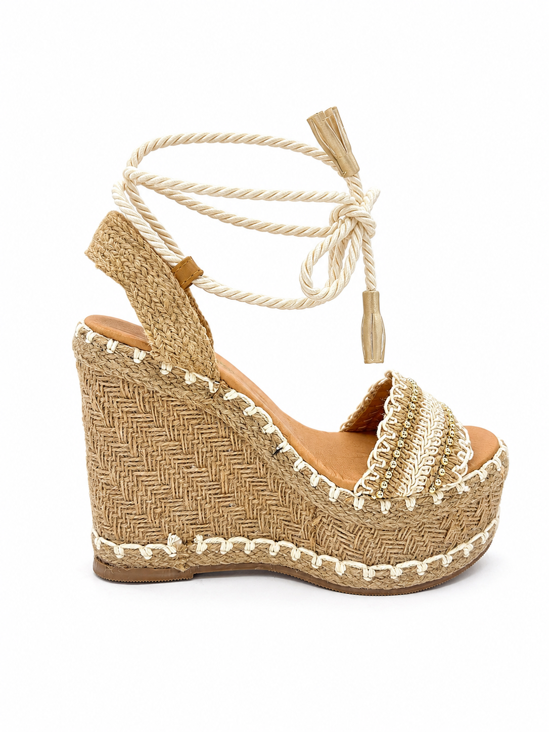 Alpargata Mujer Plataforma Alta Beige Yute Con Cintas 5-Y501