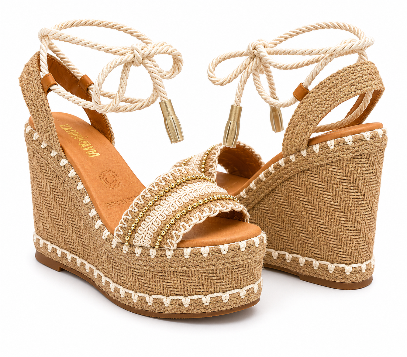 Alpargata Mujer Plataforma Alta Beige Yute Con Cintas 5-Y501