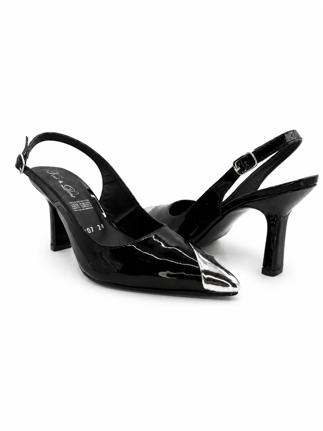 Zapatilla Mujer Charol Negro Punta Plata Tacón Alto 41-1407