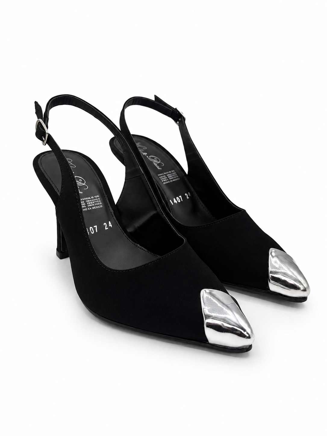 Zapatilla Mujer Buck Negro Punta Plata Tacón Alto 41-1407