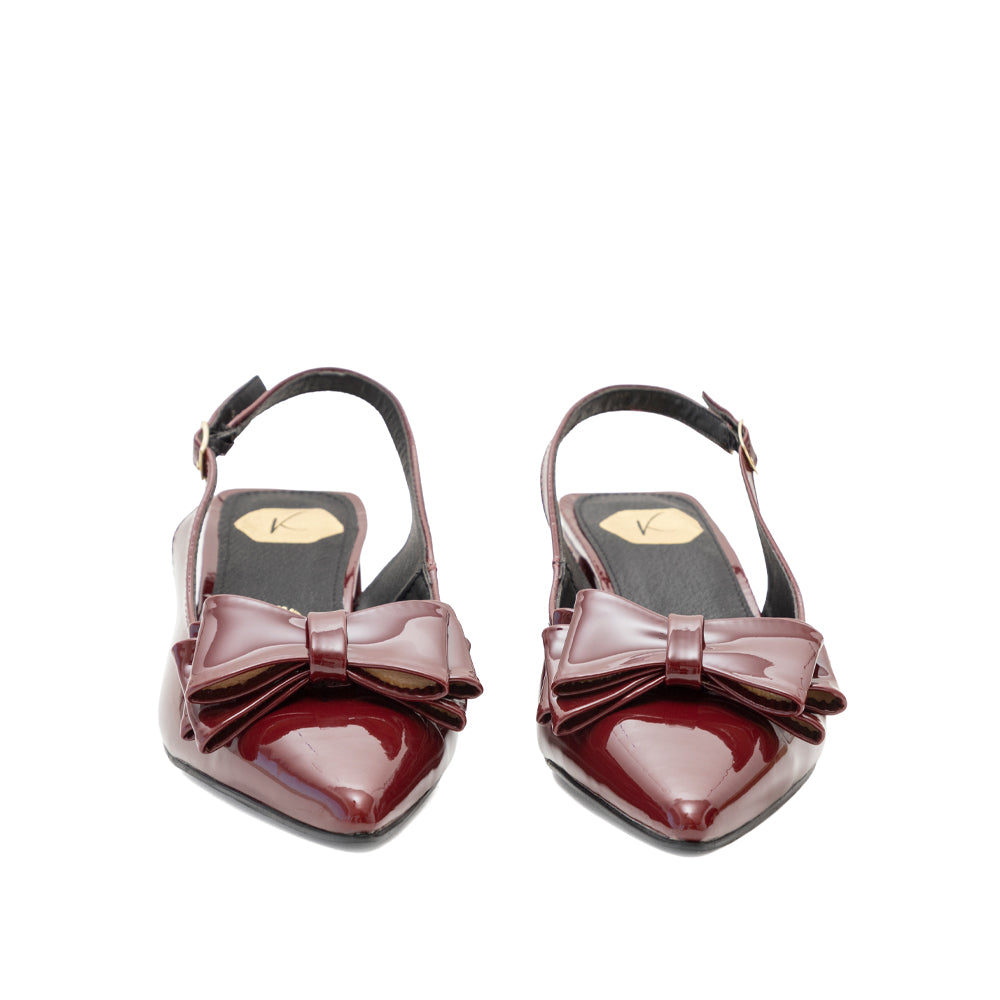 Zapatilla Mujer Charol Vino Punta Fina Con Moño  Tacón Bajo 7-6902