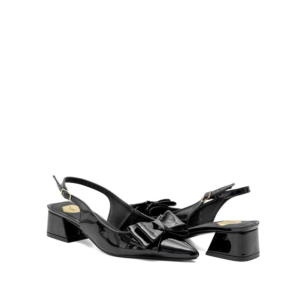 Zapatilla Mujer Charol Negro Punta Fina Con Moño  Tacón Bajo 7-6902