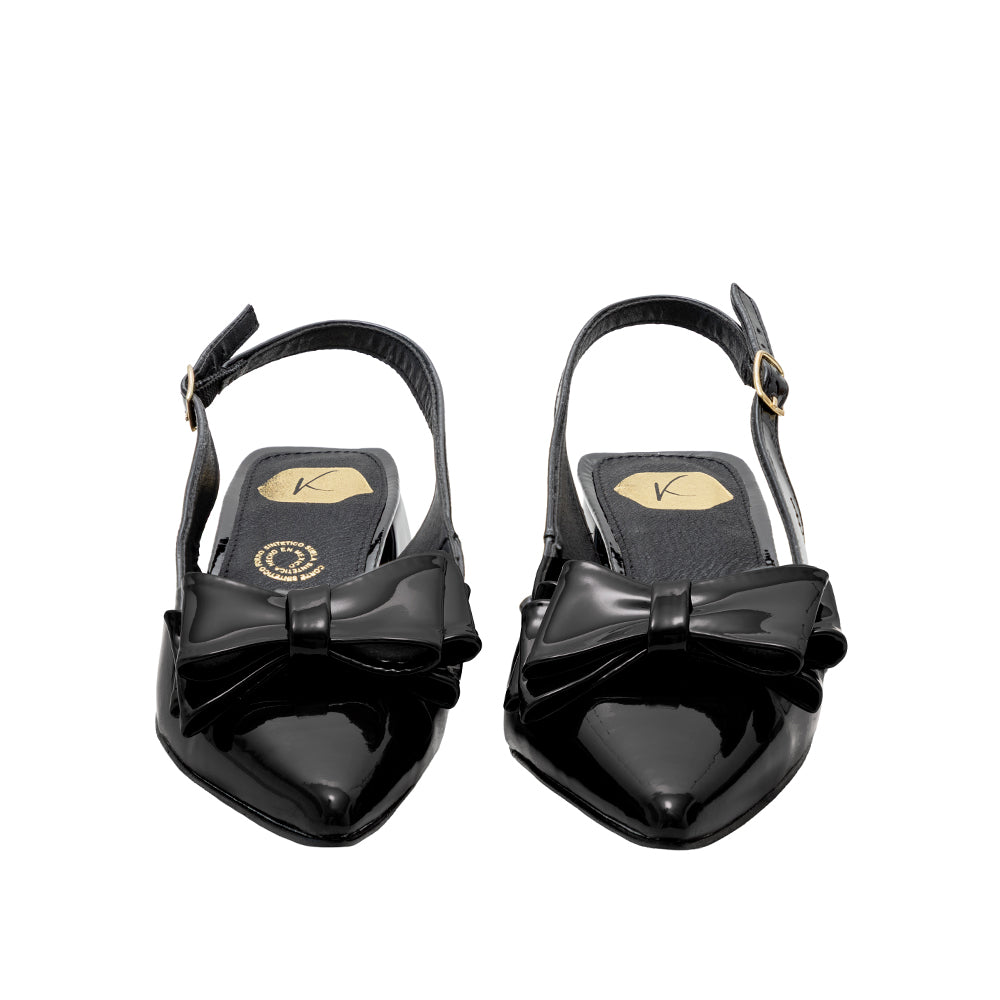 Zapatilla Mujer Charol Negro Punta Fina Con Moño  Tacón Bajo 7-6902